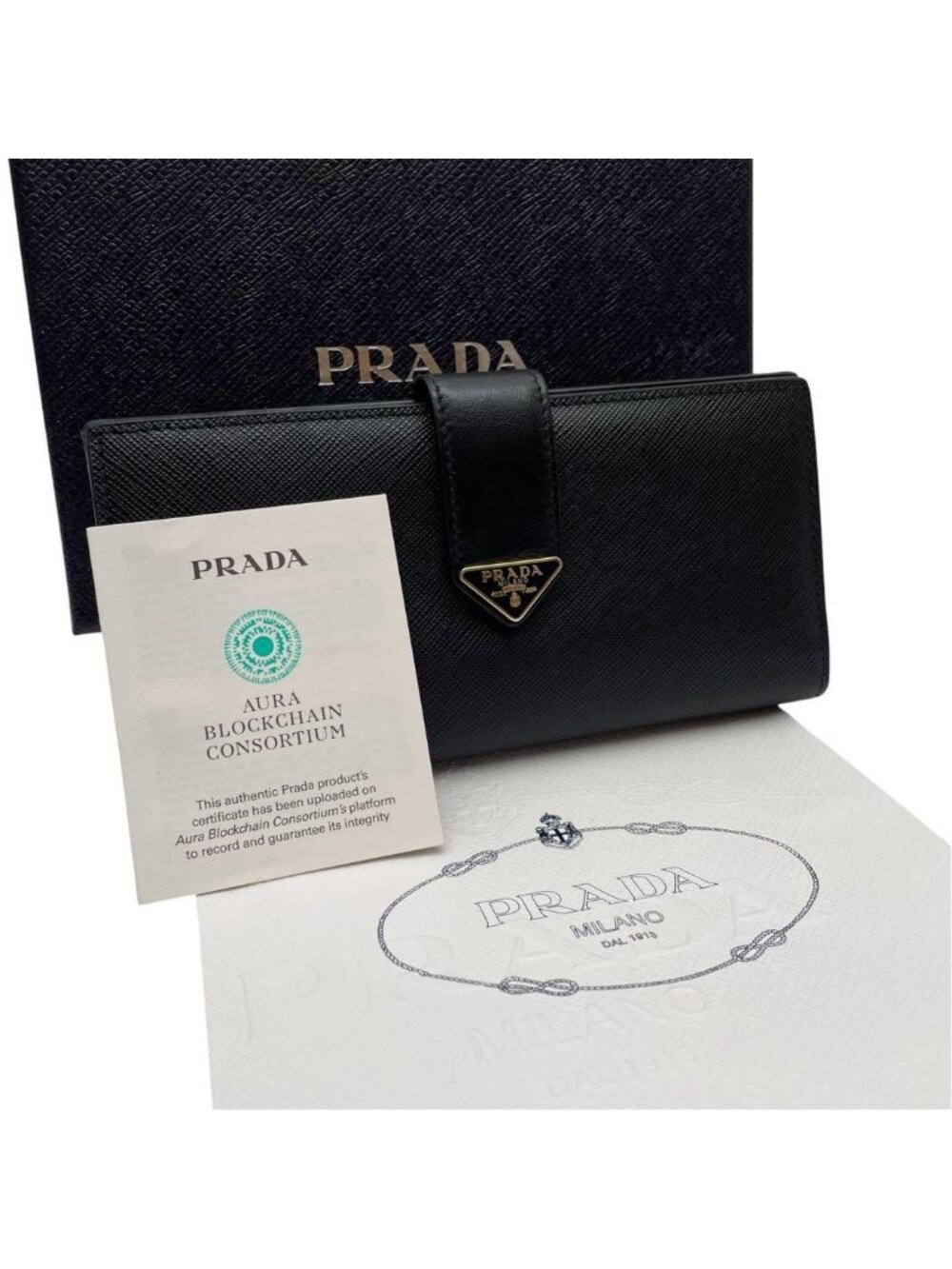 Prada Saffiano Leather Triangle Plate Logo Bifold Wallet Black